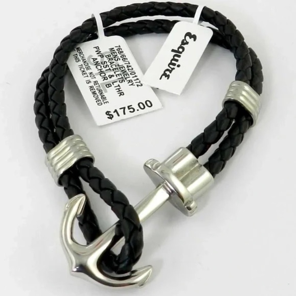 NWT Reg $175 ESQUIRE MENS BLACK LEATHER BRAIDED BRACELET WITH ANCHOR CLOSURE
